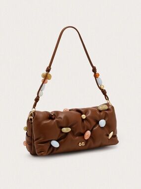 cult gaia Brown Quilted Shoulder Bag with Beaded Accents